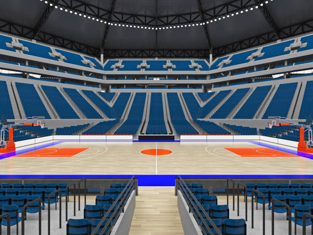 istock Large modern basketball arena with blue seats 814434662