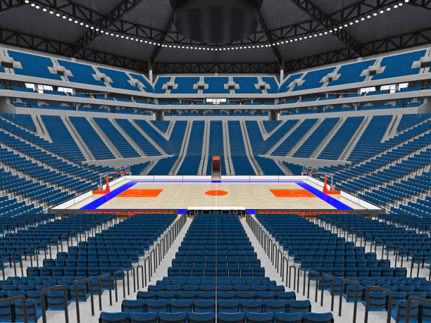 istock Large modern basketball arena with blue seats 814434670