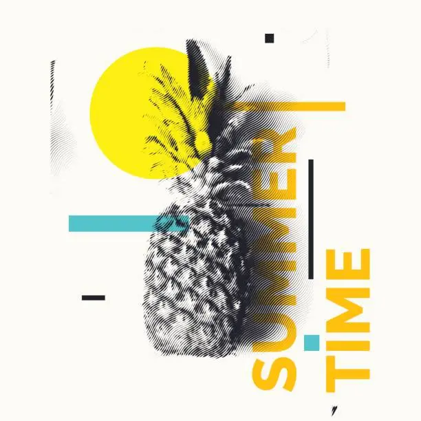 Vector illustration of Fashionable modern poster with pineapple, Summer time. Tropical fruit on white background