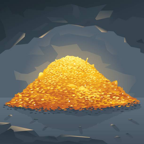 ilustrações de stock, clip art, desenhos animados e ícones de golden treasure in cave - coin stack change heap