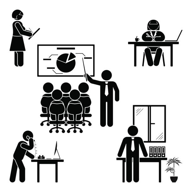 ilustrações, clipart, desenhos animados e ícones de stick figura escritório representa o conjunto. suporte a negócios finanças no local de trabalho. trabalho, sentado, falando, reunião, treinamento, discutindo o pictograma de vetor - cartoon business meeting training