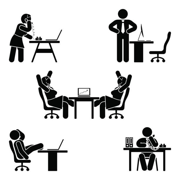 ilustrações, clipart, desenhos animados e ícones de stick figura escritório representa o conjunto. suporte a negócios finanças no local de trabalho. trabalho, sentado, falando, reunião, treinamento, discutindo o pictograma de vetor - cartoon business meeting training