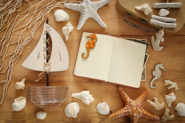 istock Nautical concept with sea life style objects on wooden table. 814449818