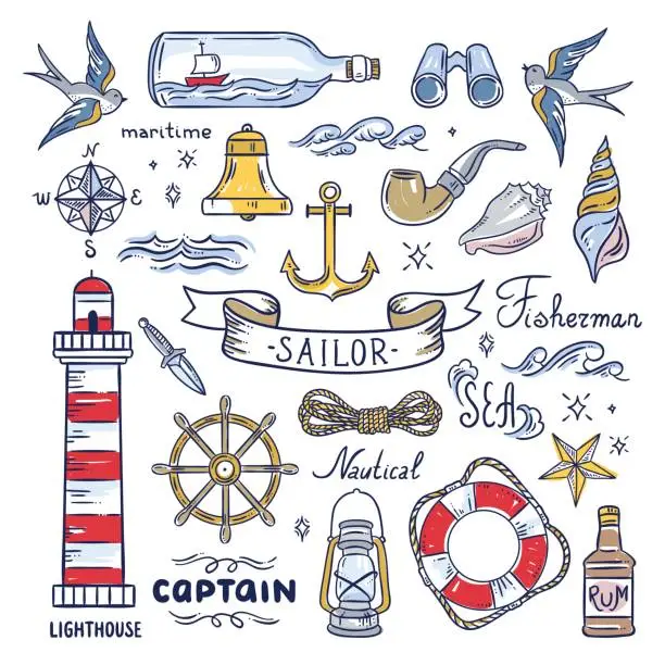 Vector illustration of Sailor hand drawn elements. Nautical illustrations: lighthouse, sea waves, captain objects, seashells