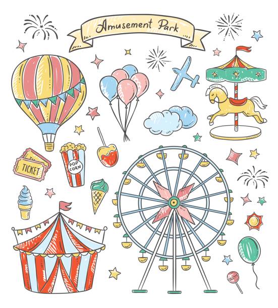 vergnügungspark hand gezeichnete illustrationen. oldtimer messe vektorelemente - hot air balloon illustrations stock-grafiken, -clipart, -cartoons und -symbole