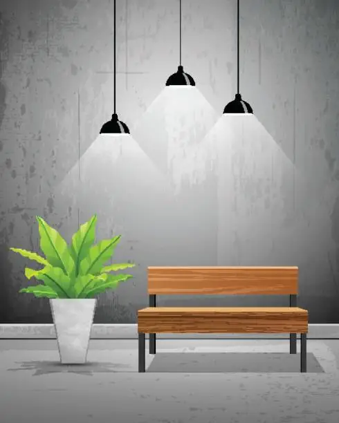 Vector illustration of Vector tropical tree in cement pots with wooden chair in and black ceiling lamp