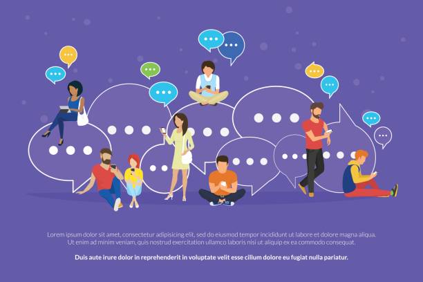 Speech bubbles for comment and reply concept flat vector illustration Speech bubbles for online texting and messaging concept flat vector illustration of young people using mobile smartphone and tablet for chatting and communicating. Guys and women sitting on bubbles important message stock illustrations