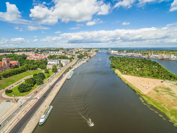 istock Szczecin - a city landscape with the Oder river. Bulbul Chrobrego and Puck Island from the bird's eye view. 814468768