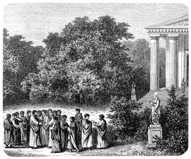 платон и его ученики в саду академии - philosopher classical greek greek culture greece stock illustrations