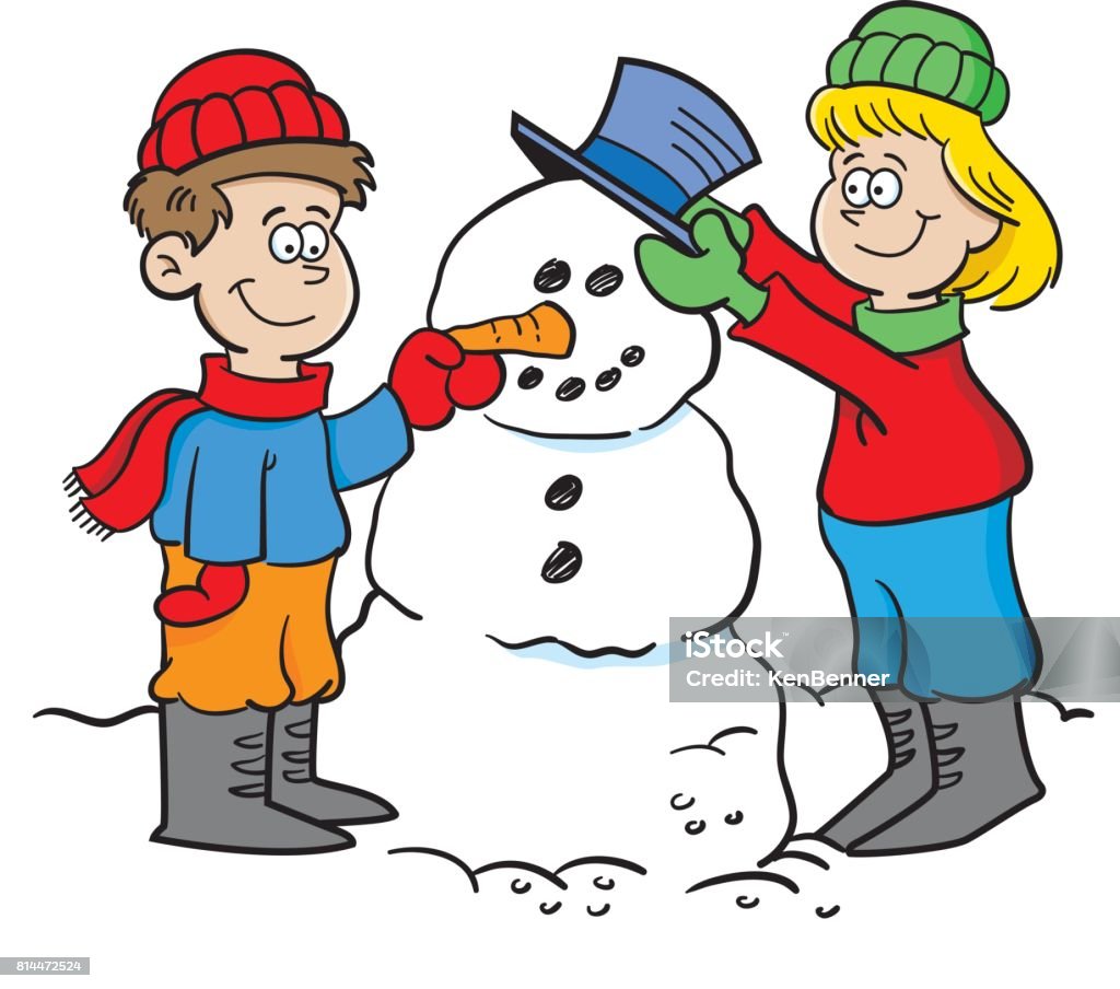 Cartoon boy and girl building a snowman. Carton illustration of a boy and a girl building a snowman. Boys stock vector