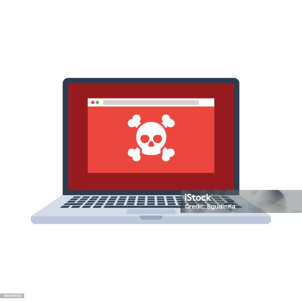 Laptop with virus Laptop with virus files on screen. Cybercrime and cyber security concept. Vector illustration in flat style isolated on white background Spyware stock vector