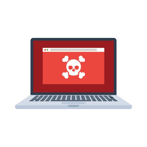 Laptop with virus Laptop with virus files on screen. Cybercrime and cyber security concept. Vector illustration in flat style isolated on white background computer virus stock illustrations