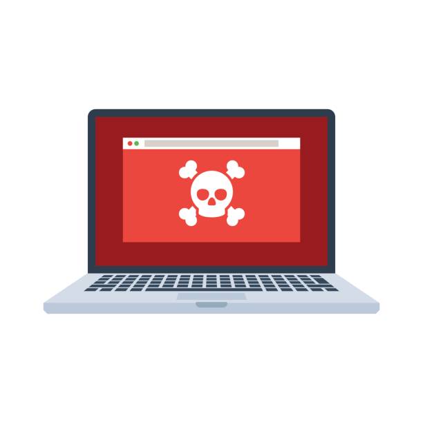 Laptop with virus Laptop with virus files on screen. Cybercrime and cyber security concept. Vector illustration in flat style isolated on white background hacker laptop stock illustrations