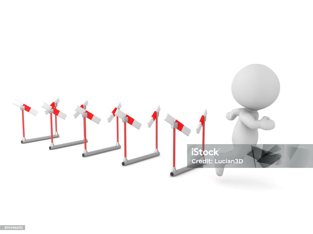 3D Character Running Through Many Barriers 3D character running through many broken barriers. Isolated on white background. Adult Stock Photo