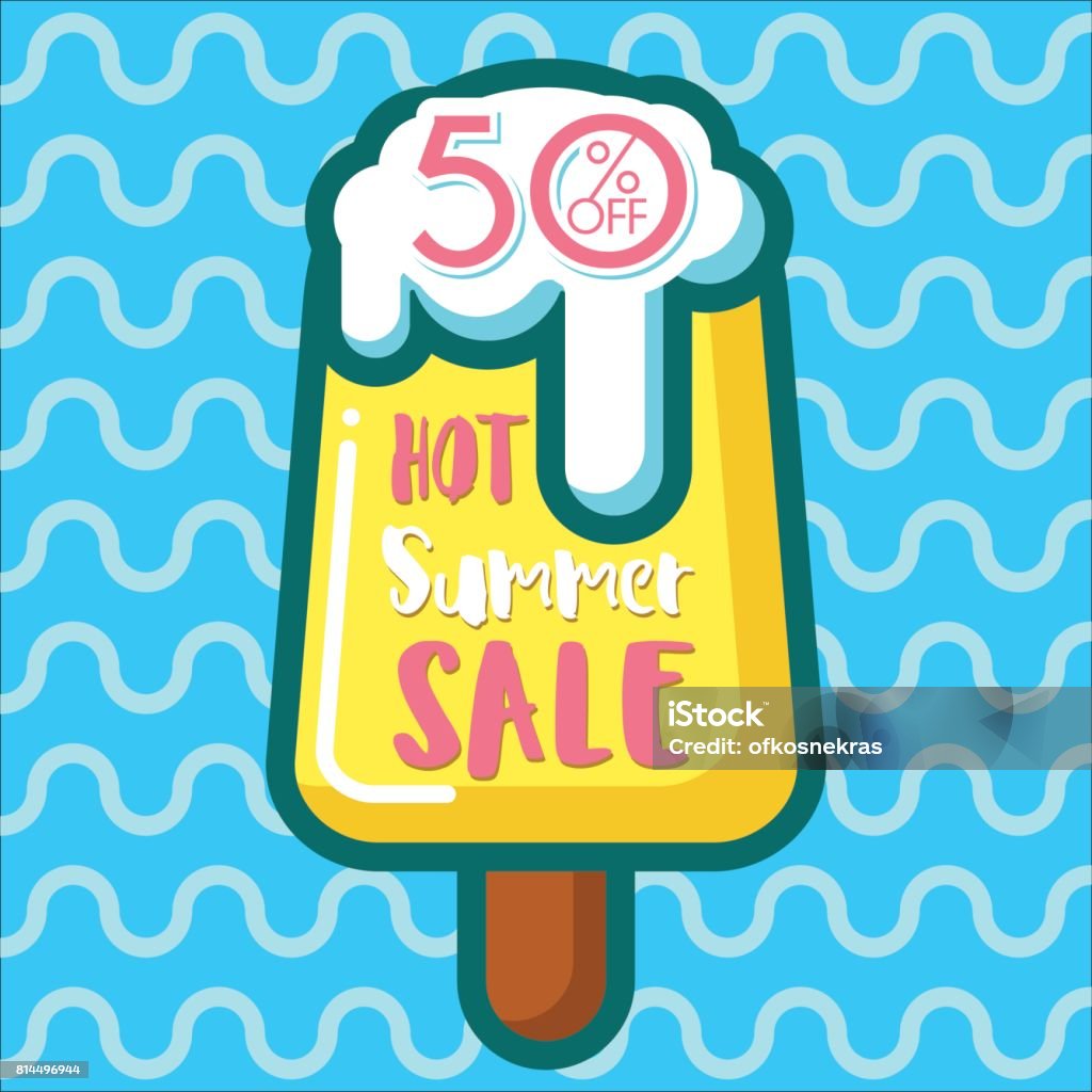 Discount voucher with text-hot summer sale and ice-cream_2 Template summer sale discount banner with ice-cream and sea. Summer time art design, travel. Vector illustration for wallpaper, flyers, invitation, posters, brochure, special offer voucher. Advertisement stock vector