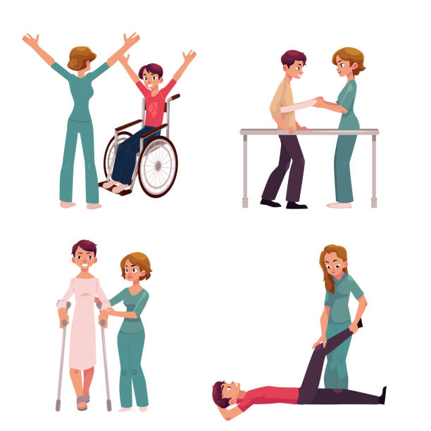 Medical rehabilitation, physical therapy activities, physiotherapist working with patients Medical rehabilitation, physical therapy activities, physiotherapist working with patients, cartoon vector illustration on white background. Medical rehabilitation, physical therapy, nurse, patients sports medicine stock illustrations