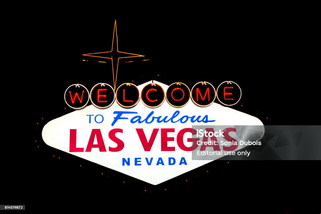 Welcome to Fabulous Las Vegas Iconic Welcome to Fabulous Las Vegas Nevada sign. Isolated on black background. Billboard Stock Photo