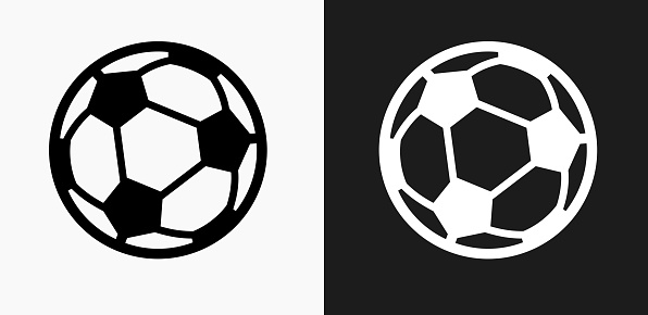 Soccer Ball Icon on Black and White Vector Backgrounds. This vector illustration includes two variations of the icon one in black on a light background on the left and another version in white on a dark background positioned on the right. The vector icon is simple yet elegant and can be used in a variety of ways including website or mobile application icon. This royalty free image is 100% vector based and all design elements can be scaled to any size.