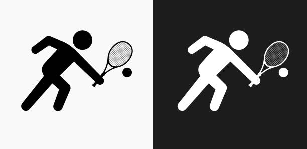 теннисная икона на черно-белом векторном фоне - tennis tennis ball ball black background stock illustrations