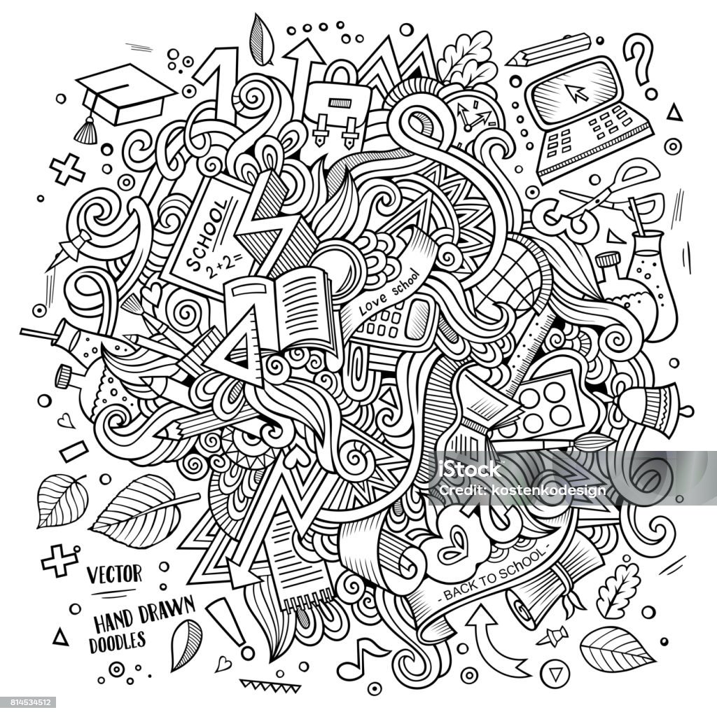 Cartoon doodles hand drawn School illustration Cartoon cute doodles hand drawn School illustration. Line art detailed, with lots of objects background. Funny vector artwork. Sketchy picture with education theme items. Doodle stock vector