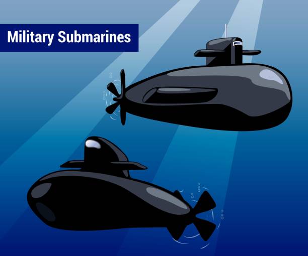 istock Military submarines in water. Black sub cartoon style vector illustration. 814550356