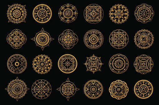 Golden mandalas on black background. Boho style vector design elements. Round eastern ornament clipart. Vector mandalas for wedding design. Luxury oriental motif. Gold mandalas with astrology signs