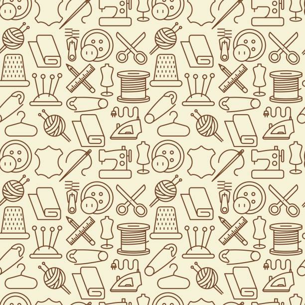 ilustrações de stock, clip art, desenhos animados e ícones de seamless pattern with sewing equipment thin line icons: sewing machine, needle, thread, iron. vector illustration. - sewing needlecraft product needle backgrounds