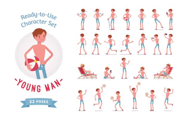 ilustrações de stock, clip art, desenhos animados e ícones de ready-to-use young man in swimwear character set, various poses and emotions - summer people tourist slim