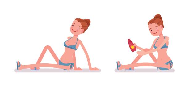 Young woman sitting at the beach set Young slim woman in swimming bikini, tanned complexion, enjoying summer resort, sitting napping in sun, bathing, applying sunscreen. Vector flat style cartoon illustration, isolated, white background swimwear bikini top bikini bikini bottom stock illustrations