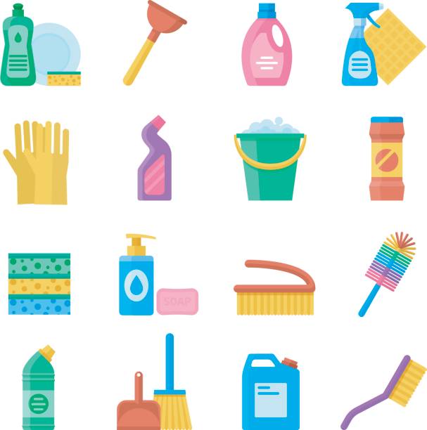 ilustraciones, imágenes clip art, dibujos animados e iconos de stock de hogar herramientas para limpieza y lavado de conjunto de iconos - dust dusting cleaning broom