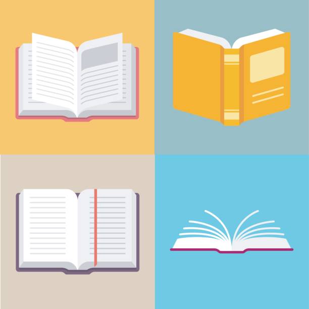 Open book vector icons in a flat style Open book vector icons in a flat style. Study and knowledge, library and education, science and literature. Isolated open books in various positions. open book stock illustrations