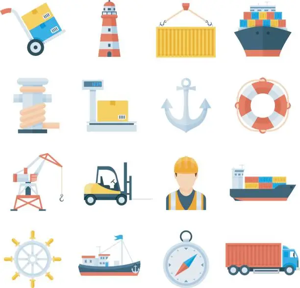 Vector illustration of Sea port set of vector icons in a flat style