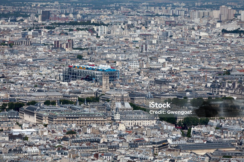 Aerial view of Paris Aerial view of Paris including the Palais de Justice, the Sainte Chapelle, the Tribunal de commerce de Paris, the Tour Saint-Jacques and the Centre Pompidou. Pompidou Center Stock Photo