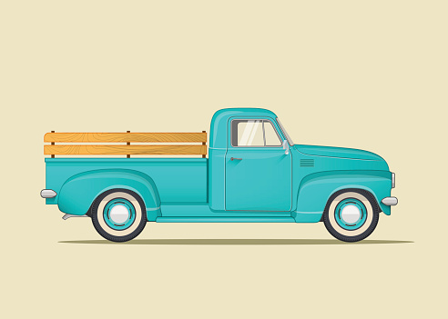 Classic American Pickup Truck. Side View. Flat styled vector illustration.