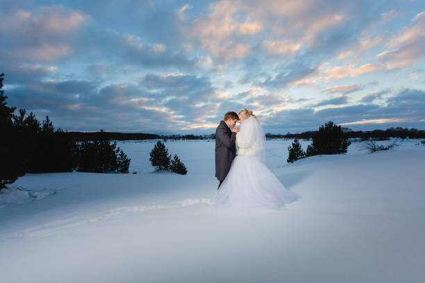 Bride and groom and winter lanscape stock photo