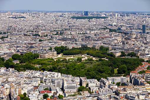 Aerial view of Paris from the Tour Montparnasse with the Jardin du Luxembourg, Notre Dame, the Panthéon, the Paris-Sorbonne University, the Tour Zamansky (Pierre and Marie Curie University) and the Tour Clovis (Lycée Henri IV).