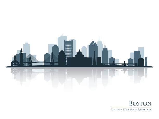 boston, skyline silhouette mit reflexion. vektor-illustration. - brücken im hintergrund stock-grafiken, -clipart, -cartoons und -symbole