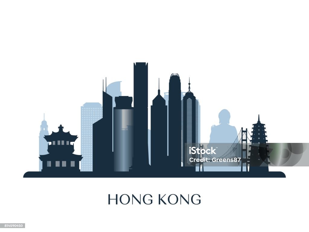 Skyline di Hong Kong, silhouette monocromatica. Illustrazione vettoriale. - arte vettoriale royalty-free di Hong Kong