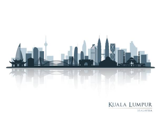 kuala lumpur, hình bóng đường chân trời màu xanh với hình ảnh phản chiếu. minh họa vectơ. - malaysia hình minh họa sẵn có