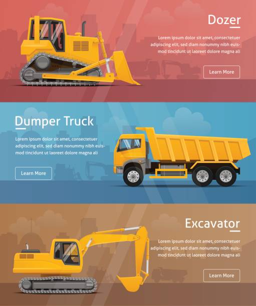 дамплер, экскаватор, дозер. веб баннеры. высоко детализированная векторная иллюстрация. - industrial equipment dump truck bulldozer mining stock illustrations