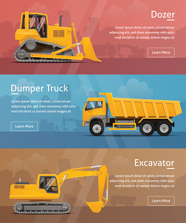 Dumper, Excavator, Dozer. Side View. Web Banners. Highly detailed vector illustration.