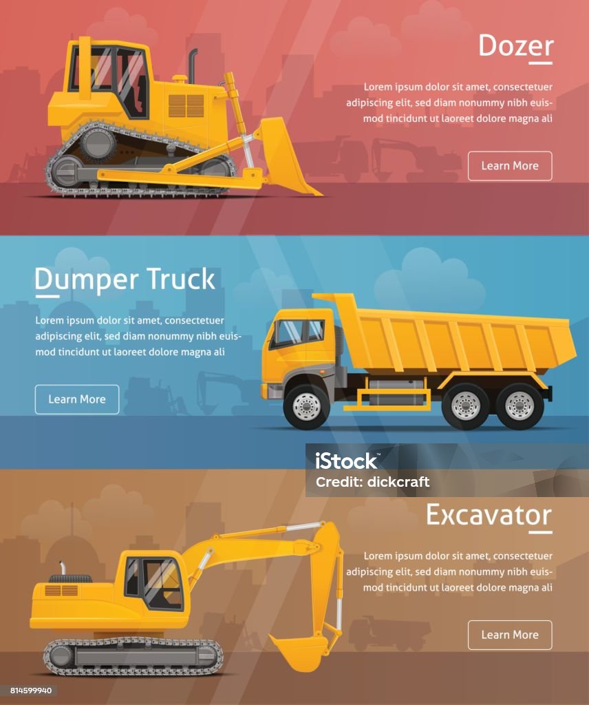Dumper, Excavator, Dozer. Web Banners. Highly detailed vector illustration. Dumper, Excavator, Dozer. Side View. Web Banners. Highly detailed vector illustration. Mining - Natural Resources stock vector