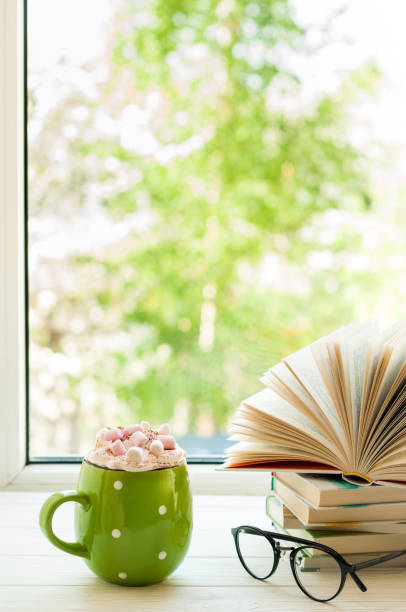 istock Coffee cup with cream and marshmallows, open book and glasses on window with bokeh. Reading and breakfast. Concept cozy home sweet home 814605080