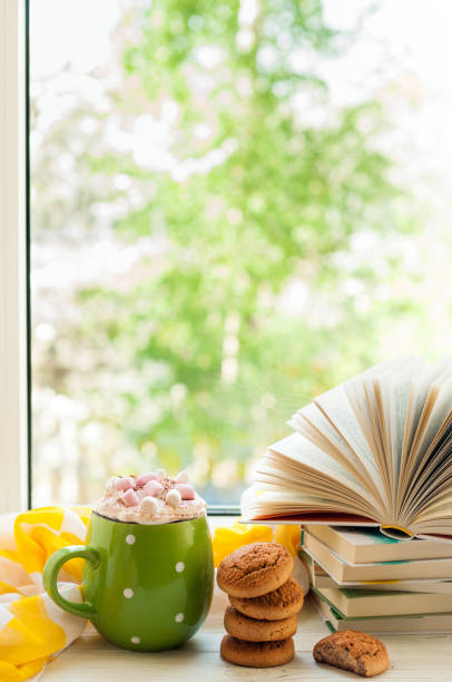 istock Coffee cup with cream and marshmallows, open book, cookies on window with bokeh. Reading and breakfast. Concept warm and cozy home 814605084