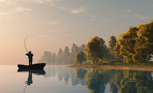 Silhouette of a fisherman in a boat.3d render