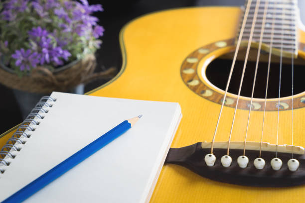 istock Blank notebook on guitar for song writer 814622922