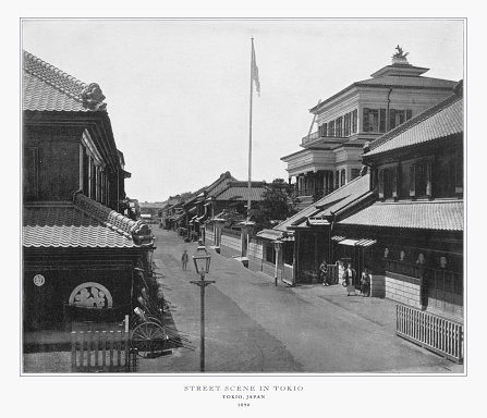 Antique Japanese Photograph: Street in Tokyo, Japan, 1893: Original edition from my own archives. Copyright has expired on this artwork. Digitally restored.