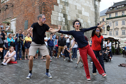 Cracow, Poland - July 5, 2017: Street theater parade of artists from Germany, France and Poland at the opening of 30th Street - International Festival of Street Theaters in Cracow, Poland.