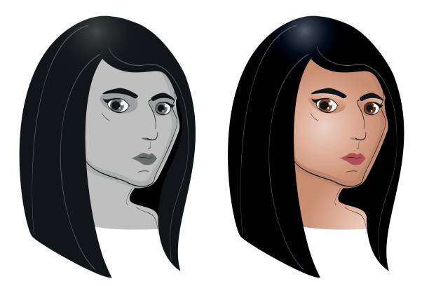 Color and gray portrait set of young indian american woman vector art illustration