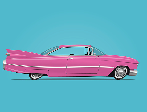 Cartoon styled funny vector illustration of the vintage pink car.